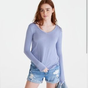 Aéropostale Seriously Soft Light Blue Ribbed V-Neck Longsleeve Top, Size XL